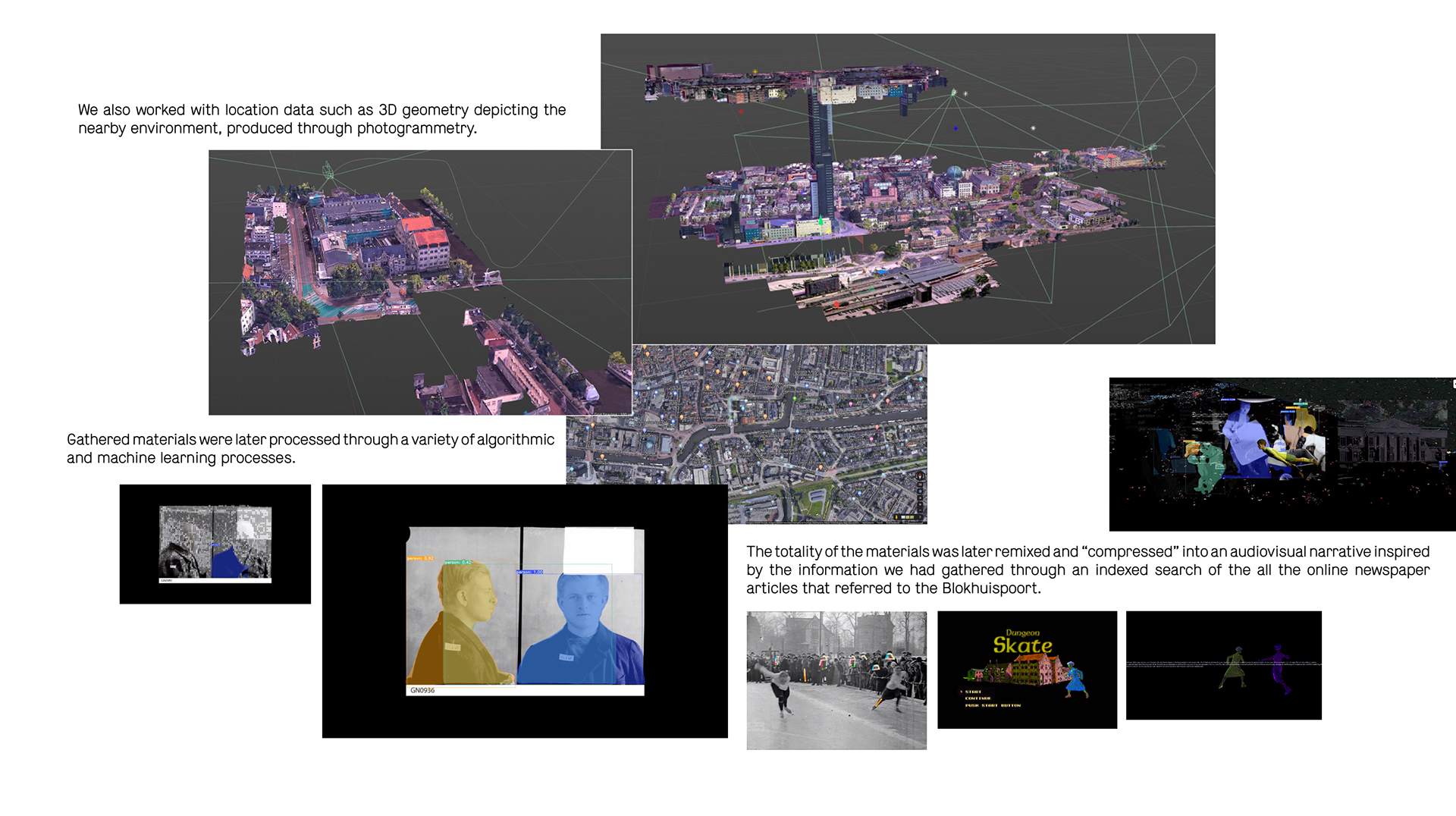 Process documentation — 3D photogrammetry models of Leeuwarden, ML output stills, historical archive images